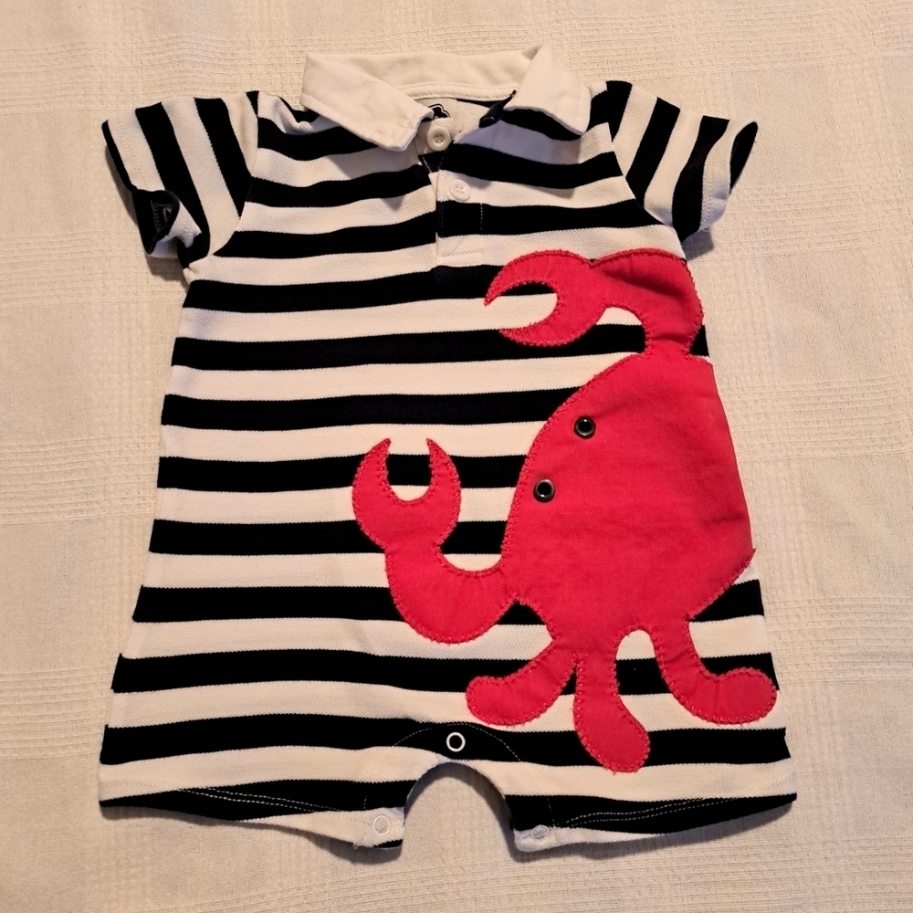 Mudpie size 12-18 months lobster on blue & white stripe romper